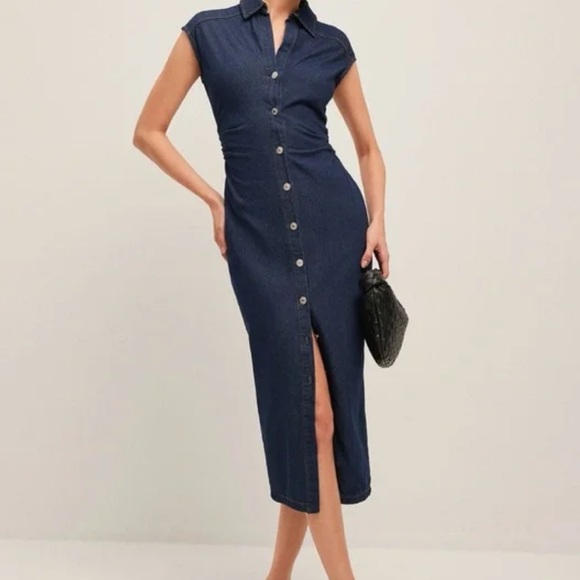 NWT COMMENSE V-Neck Navy Denim Button Down Sleeveless Midi Dress XS - Picture 4 of 8